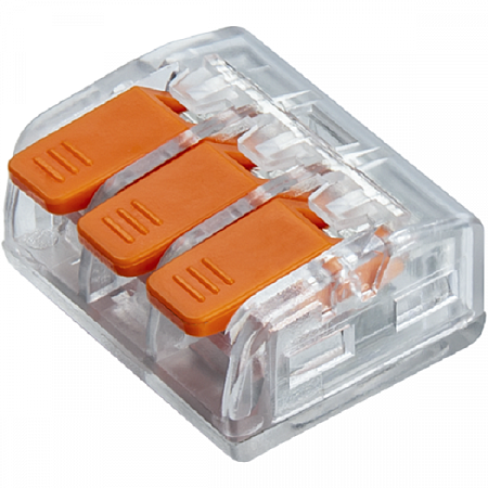 Клемма строительно-монтаж. с рычагом 3х(0,08-4,0 мм)², прозрачная, оранжевая на сайте Стройсервис
