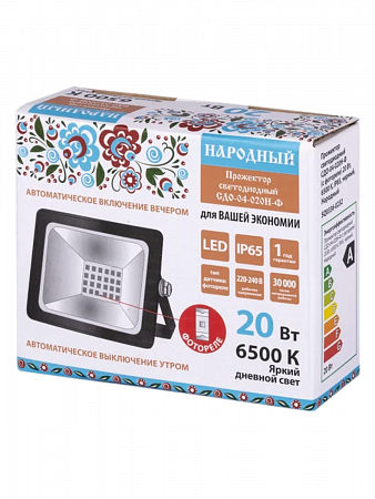Прожектор светодиодный СДО-04-020Н-Ф (с фотореле) 20Вт 6500К IP65 черный Народный TDM Electric