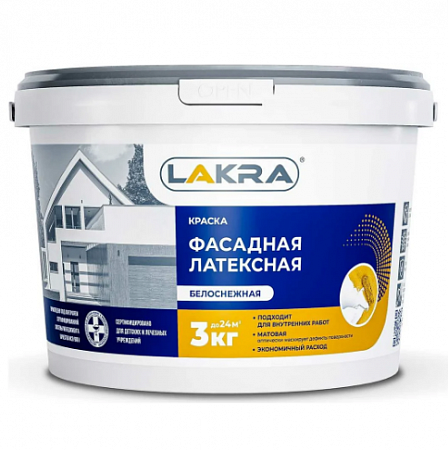 Краска ВД фасадная  3кг латексная белоснежная Лакра на сайте Стройсервис
