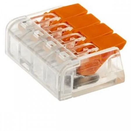 Клемма строительно-монтаж. с рычагом 4х(0,08-4,0 мм)², прозрачная, оранжевая на сайте Стройсервис
