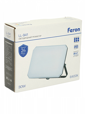 Прожектор светодиодный 30Вт IP65 6400К черн/матов рассеив 2850Лм Feron