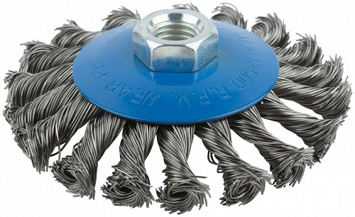 Щетка колесо с наклоном, гайка М14, стальная витая проволока 100 мм 38936М на сайте Стройсервис
