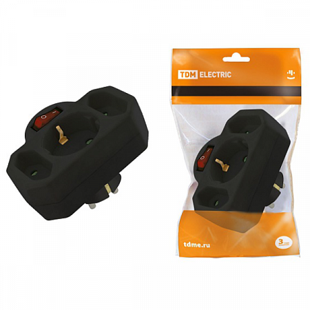 TDM разветвитель (тройник) 3 роз. 2,5 выкл с индикацией, земля, под плоск вилку, черный SQ1806-0302 на сайте Стройсервис
