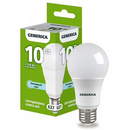 Лампа светодиодная E27 10Вт 6500К 230В шар.груш. холод.бел. А60 GENERICA (3)