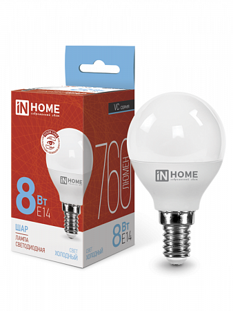 Лампа светодиодная LED-ШАР-VC 8Вт 230В E14 760Лм 6500К холод. бел. IN HOME на сайте Стройсервис
