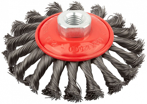 Щетка колесо с наклоном, гайка М14, стальная витая проволока 115 мм на сайте Стройсервис
