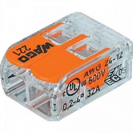 Клемма розеточная, 2х(0,2-4,0 мм)², прозрачная, оранжевая 221-412 Wago на сайте Стройсервис
