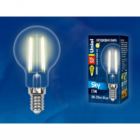 Лампа светодиодная E14 13Вт 3000К 230В филамент прозрачный шар, тёплый G45 00005905 Uniel (2)