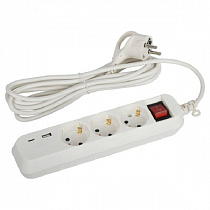 Удлинитель электрический ЭРА UB-3es-3m-USB c заземлением с выключателем 3 розетки + 1xUSBA+1xUSBC 3м 10А на сайте Стройсервис
