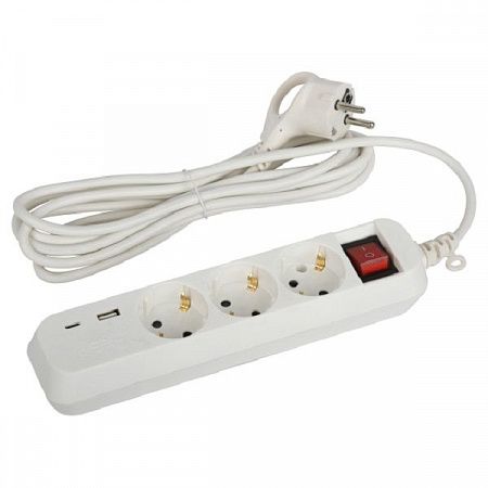 Удлинитель электрический ЭРА UB-3es-3m-USB c заземлением с выключателем 3 розетки + 1xUSBA+1xUSBC 3м 10А на сайте Стройсервис
